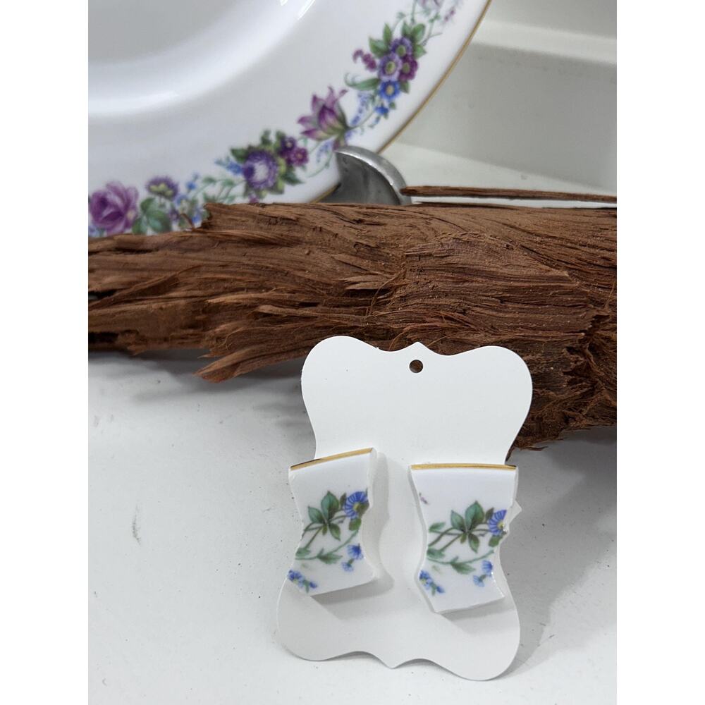 Handmade Broken China Earrings Blue Flower Botanical Gold Wedding Birthday Gift